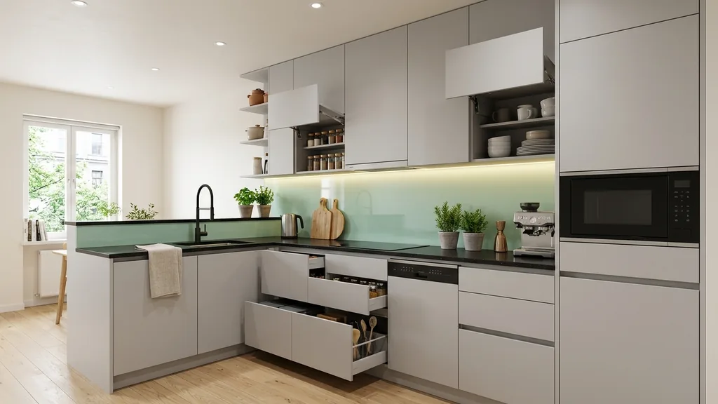 Bố cục mặt bằng và chi tiết so sánh phương án mặt bằng 50m2 1pn+1 và 50m2 2 phòng ngủ trong phương án cách bố trí căn hộ 50m2 (Xám Cashmere – Gỗ Sồi hun khói (Smoked Oak) – Kim loại mạ PVD Champagne)