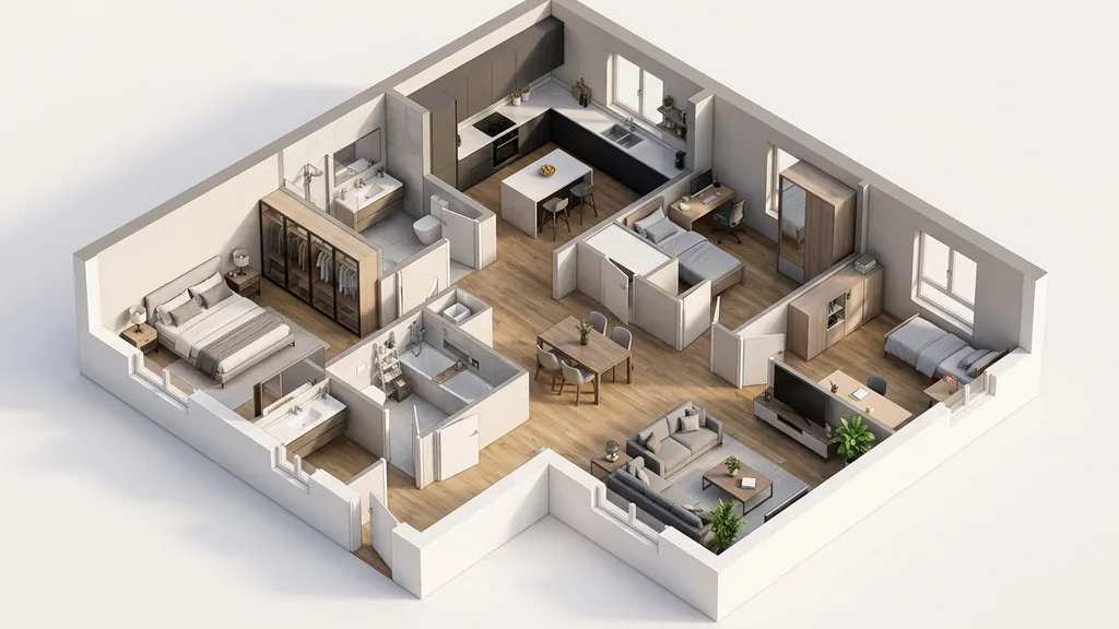 Không gian bản vẽ thiết kế chung cư trên mặt bằng 67m² – 98m² theo xu hướng Quiet Luxury 2026 phối hợp đá nung kết khổ lớn, kính màu trà và đèn ray nam châm