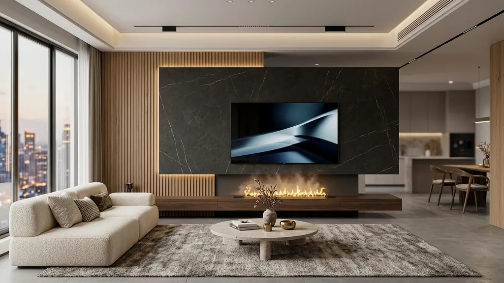 Bố cục mặt bằng và chi tiết phân biệt cốt ván mdf lõi xanh chống ẩm, hdf siêu chống ẩm và nhựa wpb trong phương án nội thất gỗ chung cư (Beige hữu cơ – Sơn hiệu ứng Microcement – Vải dệt Linen/Bouclé)