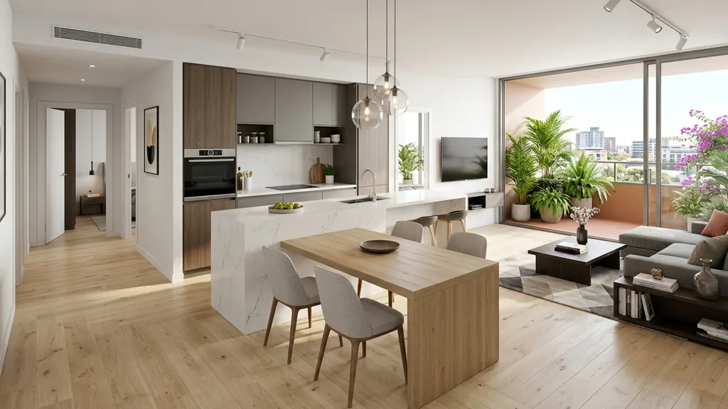 Không gian nội thất gỗ chung cư trên mặt bằng 65m² – 75m² theo xu hướng Light Neo-Classic 2026 lược bỏ phào chỉ rườm rà, tập trung tỷ lệ mảng tường thanh lịch