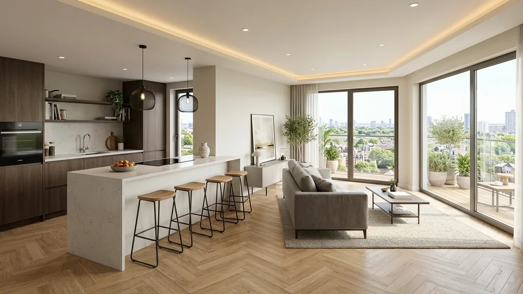 Bố cục mặt bằng và chi tiết đánh giá hiện trạng kết cấu, đường ống nước âm tường và hệ thống điện cũ trong phương án thiết kế cải tạo chung cư cũ (Kem ấm (Warm Cream) – Gỗ Sồi sáng (Light Oak) – Đá nung kết vân mây)