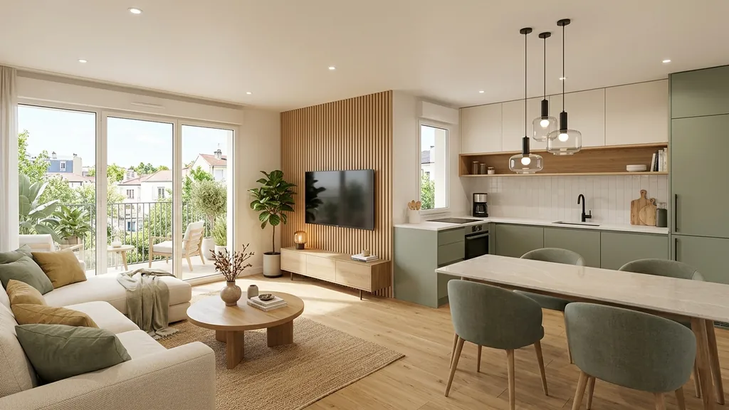 Bố cục mặt bằng và chi tiết đặc điểm mặt bằng căn hộ 60m2 và những hạng mục cần ưu tiên đầu tư trong phương án báo giá nội thất chung cư 60m2 (Greige trung tính – Gỗ Tần bì tự nhiên – Kính sọc (Fluted Glass) viền mảnh)