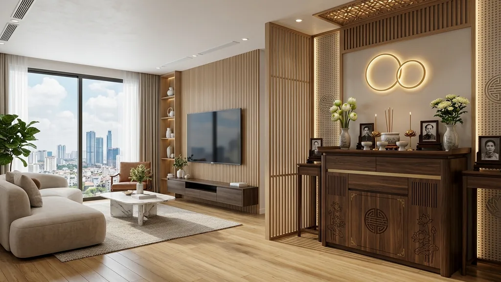 Không gian báo giá nội thất chung cư 60m2 trên mặt bằng 60m² theo xu hướng Japandi & Wabi Sabi 2026 đề cao vật liệu thô mộc tự nhiên và ánh sáng dịu