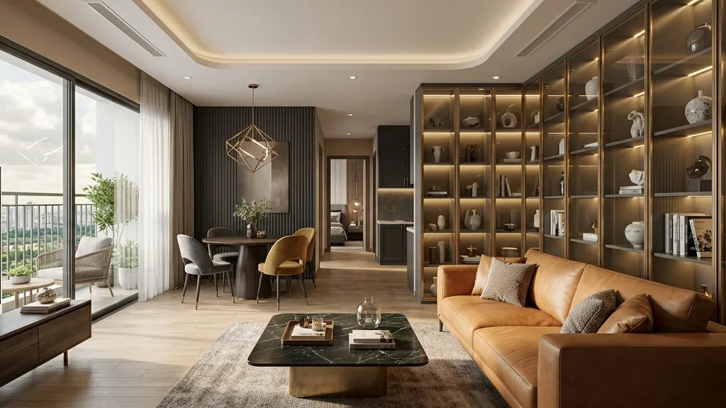 Bố cục mặt bằng và chi tiết phân bổ ngân sách hợp lý cho căn hộ 50m2 1pn+1 và 2pn nhỏ trong phương án chi phí thiết kế nội thất căn hộ 50m2 (Trắng ngà (Ivory) – Xám khói nhạt – Vân gỗ Óc chó (Walnut) trầm ấm)