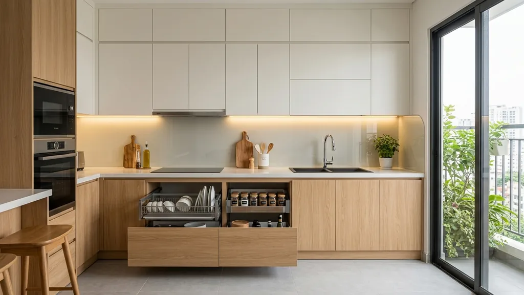 Bố cục mặt bằng và chi tiết phân tích diện tích thực tế của căn hộ 60m2 cho gia đình 2 vợ chồng và 2 con trong phương án bố trí căn hộ 60m2 (Vàng kem nhiệt đới – Gỗ tự nhiên sẫm màu – Mây đan mắt cáo đương đại)