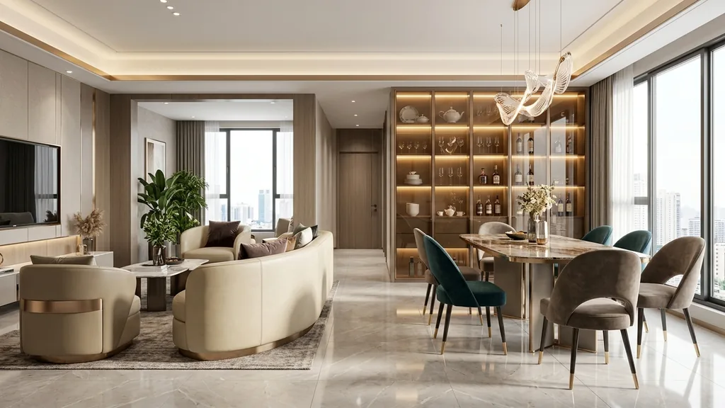 Không gian chung cư 60m2 có chật không trên mặt bằng 60m² theo xu hướng Light Neo-Classic 2026 lược bỏ phào chỉ rườm rà, tập trung tỷ lệ mảng tường thanh lịch