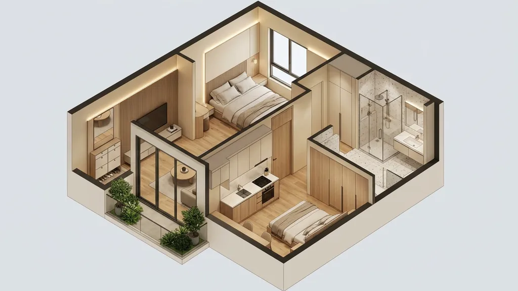 Bố cục mặt bằng và chi tiết cách tiết chế chi tiết indochine để không làm tối hay chật căn hộ chung cư trong phương án chung cư phong cách indochine (Vàng kem nhiệt đới – Gỗ tự nhiên sẫm màu – Mây đan mắt cáo đương đại)