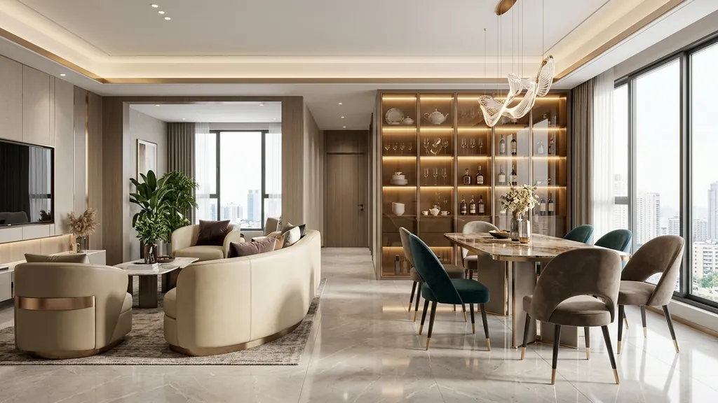 Bố cục mặt bằng và chi tiết bí quyết bố trí đầy đủ thiết bị bếp trong diện tích chỉ 4m2 - 6m2 trong phương án thiết kế bếp chung cư nhỏ (Kem ấm (Warm Cream) – Gỗ Sồi sáng (Light Oak) – Đá nung kết vân mây)