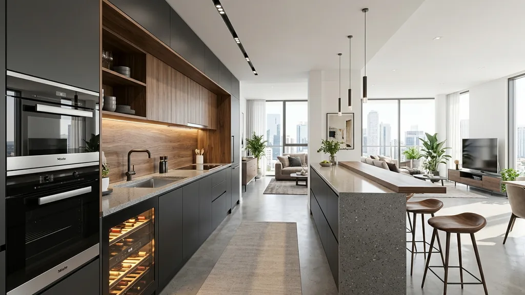 Không gian thiết kế bếp chung cư nhỏ trên mặt bằng 45m² – 65m² theo xu hướng Quiet Luxury 2026 phối hợp đá nung kết khổ lớn, kính màu trà và đèn ray nam châm