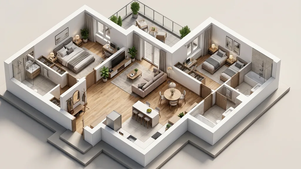 Bố cục mặt bằng và chi tiết tiêu chí chọn vật liệu chống ẩm, chống trầy cho căn hộ dịch vụ trong phương án thiết kế chung cư mini cho thuê (Xám Cashmere – Gỗ Sồi hun khói (Smoked Oak) – Kim loại mạ PVD Champagne)
