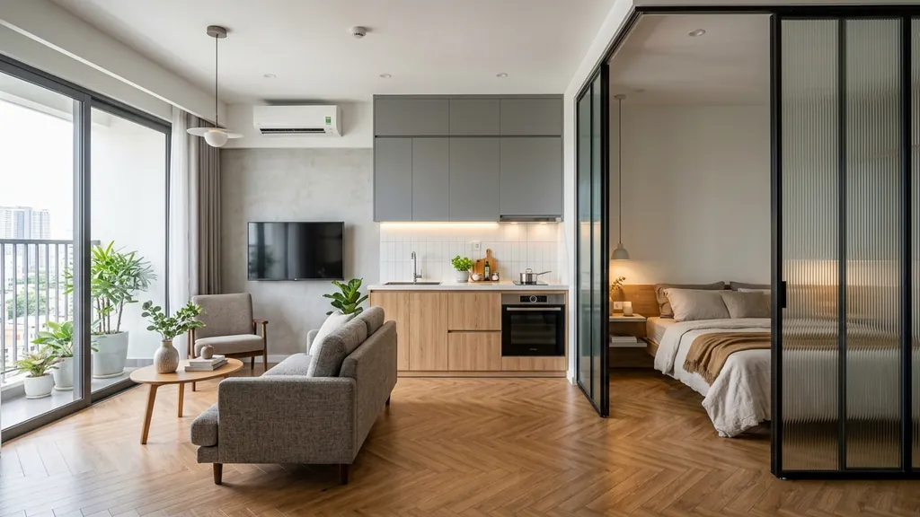 Không gian thiết kế chung cư mini cho thuê trên mặt bằng 44m² – 48m² theo xu hướng Tối giản Ấm áp 2026 (Warm Minimalism) kết hợp đường cong bo góc mềm mại