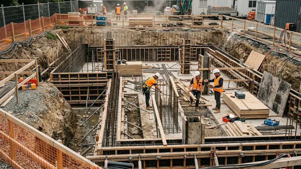 Minh họa công trường thi công móng và cốp pha biệt thự