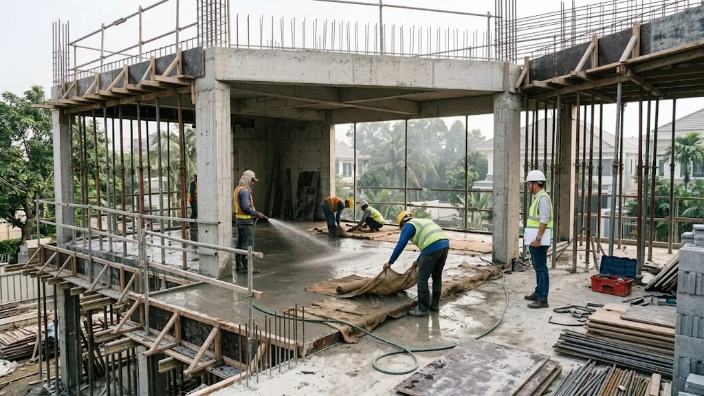 Minh họa bảo dưỡng bê tông sàn trong giai đoạn phần thô
