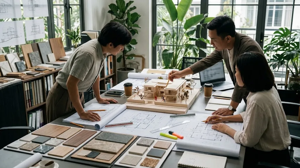 Minh họa buổi trao đổi phương án biệt thự với mô hình và mẫu vật liệu
