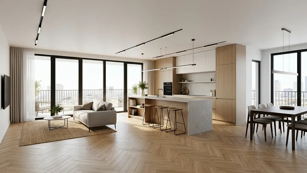 Không gian thi công phần thô chung cư trên mặt bằng 69m² – 100m² theo xu hướng Tropical Modern 2026 tối ưu thông gió tự nhiên từ Logia và mảng xanh ban công