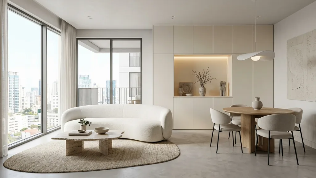Không gian thiết kế căn hộ dịch vụ cho thuê trên mặt bằng 69m² – 102m² theo xu hướng Quiet Luxury 2026 phối hợp đá nung kết khổ lớn, kính màu trà và đèn ray nam châm