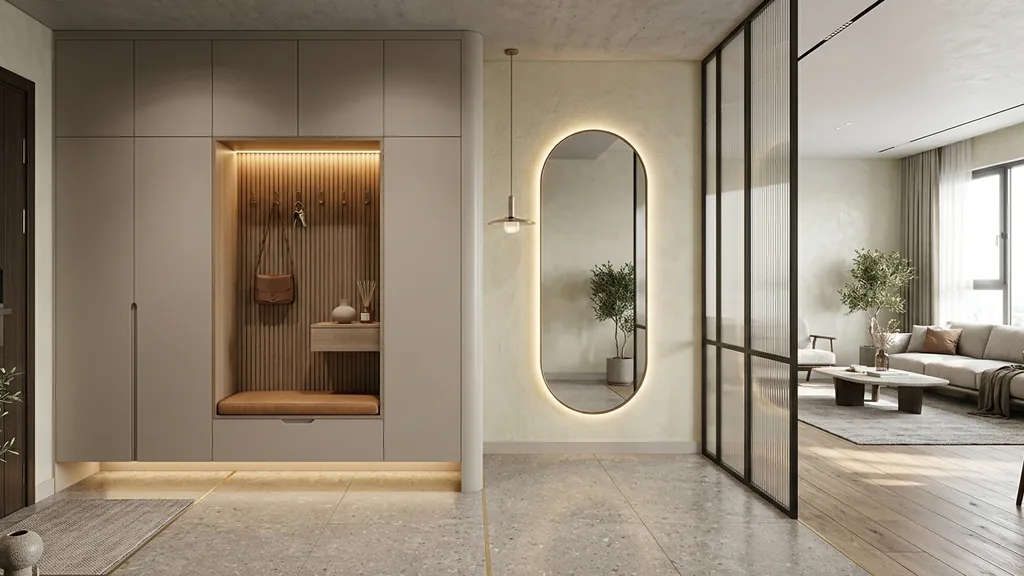 Bố cục mặt bằng và chi tiết xác định rõ nhu cầu sinh hoạt thực tế trước khi chọn phong cách trong phương án kinh nghiệm thiết kế nội thất chung cư (Beige hữu cơ – Sơn hiệu ứng Microcement – Vải dệt Linen/Bouclé)