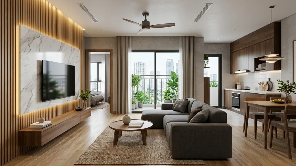 Không gian kinh nghiệm thiết kế nội thất chung cư trên mặt bằng 65m² – 96m² theo xu hướng Tropical Modern 2026 tối ưu thông gió tự nhiên từ Logia và mảng xanh ban công