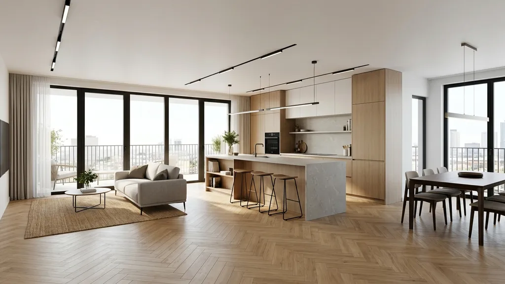 Bố cục mặt bằng và chi tiết quy định giờ giấc tiếng ồn, bảo vệ thang máy và ký quỹ tại chung cư trong phương án lưu ý khi thi công nội thất chung cư (Kem sữa – Chỉ nổi tân cổ điển thanh mảnh – Sàn gỗ xương cá Herringbone)