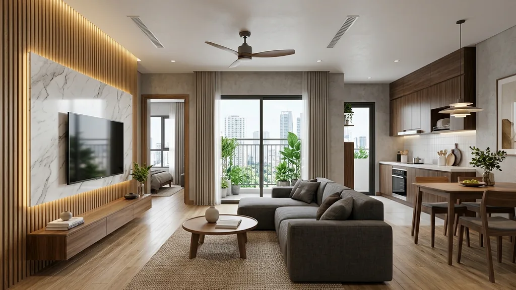 Bố cục mặt bằng và chi tiết vai trò của bàn đảo bếp trong việc phân tách không gian khách - bếp trong phương án bàn đảo bếp nhà chung cư (Greige trung tính – Gỗ Tần bì tự nhiên – Kính sọc (Fluted Glass) viền mảnh)
