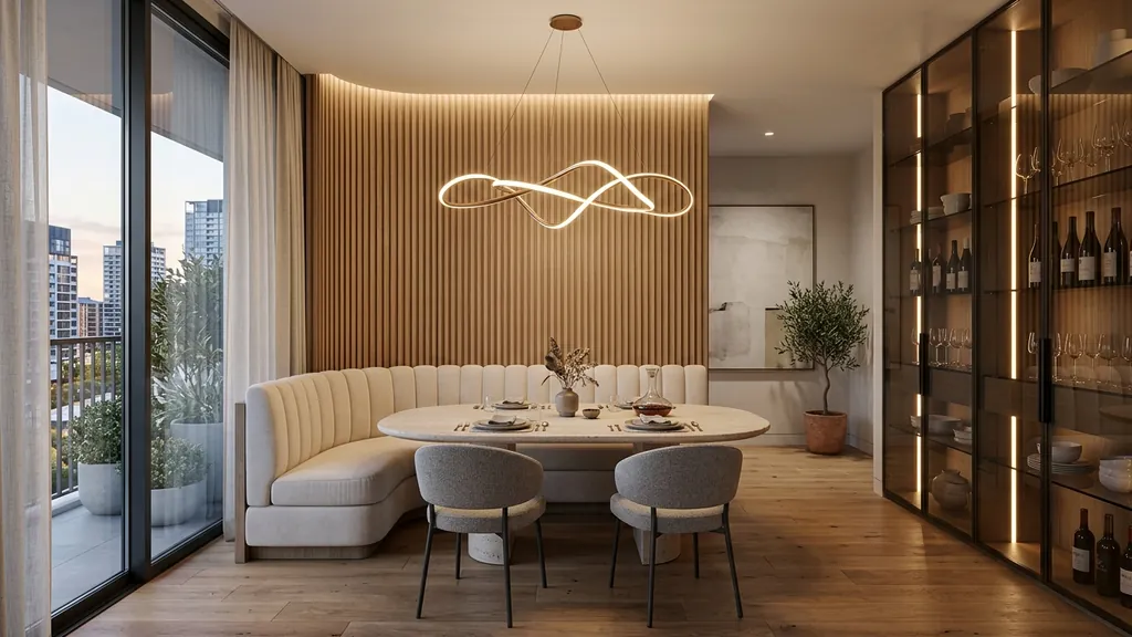 Không gian bàn đảo bếp nhà chung cư trên mặt bằng 65m² – 88m² theo xu hướng Smart Compact Living 2026 tích hợp module nội thất đa năng và vách ngăn xuyên sáng