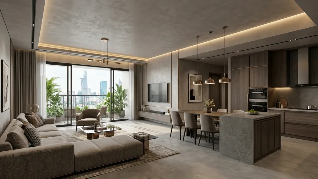 Phối hợp vật liệu gỗ chống ẩm và ánh sáng 3000K cho tầng trệt bố trí phòng khách, bếp và bàn ăn rộng rãi tại Không Gian Việt
