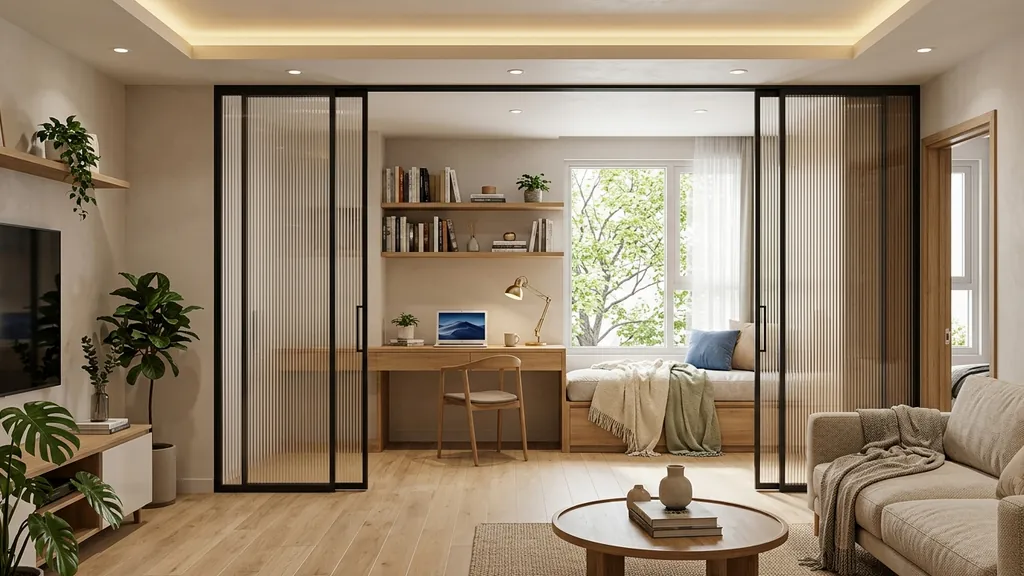 Không gian căn hộ mini có gác lửng trên mặt bằng 30m² theo xu hướng Quiet Luxury 2026 phối hợp đá nung kết khổ lớn, kính màu trà và đèn ray nam châm