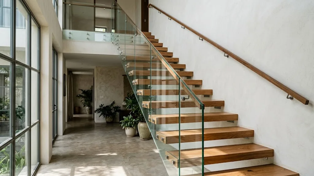 Minh họa cầu thang bậc gỗ với lan can kính