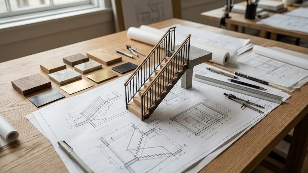 Mô hình cầu thang và mẫu gỗ, đá, kim loại trên bàn thiết kế