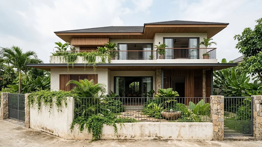 Hàng rào thoáng và cây xanh trước biệt thự sân vườn