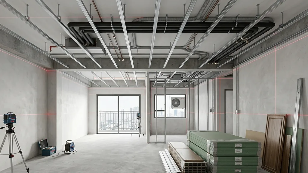 Bố cục mặt bằng và chi tiết sự kết hợp đẳng cấp giữa đá vân mây, nẹp đồng và gỗ tối màu trong phương án phòng khách chung cư sang trọng (Greige trung tính – Gỗ Tần bì tự nhiên – Kính sọc (Fluted Glass) viền mảnh)
