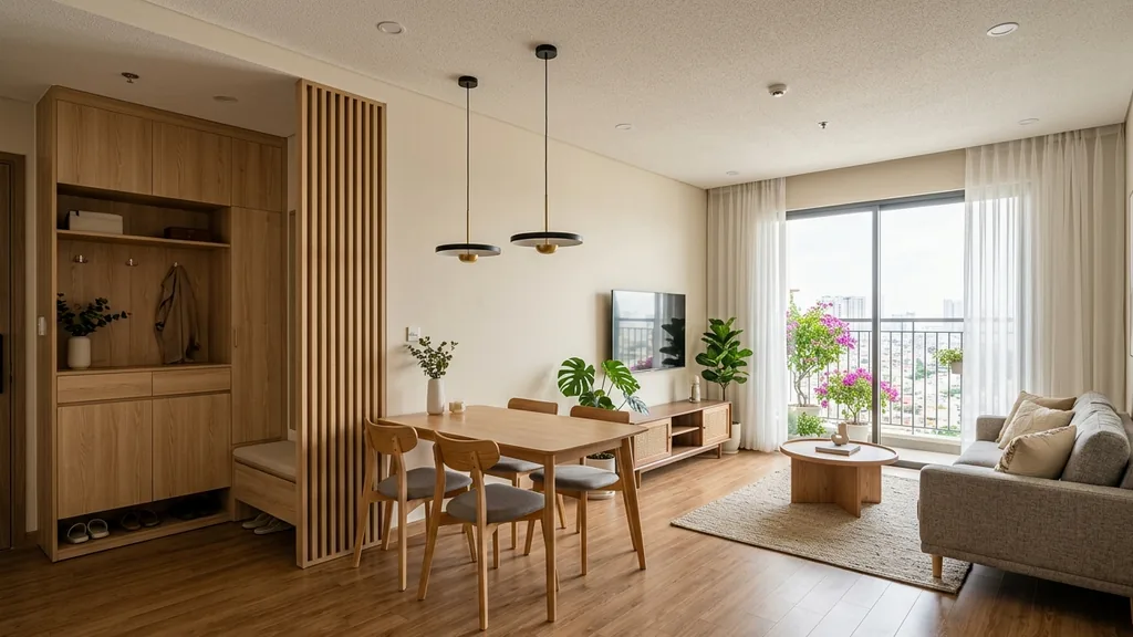 Không gian phòng khách chung cư sang trọng trên mặt bằng 71m² – 81m² theo xu hướng Hiện đại Đương đại 2026 (Modern Contemporary) ưu tiên hệ tủ phẳng không tay nắm