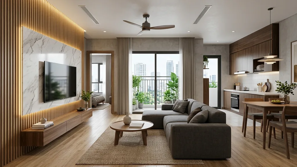 Không gian mẫu phòng khách chung cư nhỏ đẹp trên mặt bằng 45m² – 65m² theo xu hướng Japandi & Wabi Sabi 2026 đề cao vật liệu thô mộc tự nhiên và ánh sáng dịu