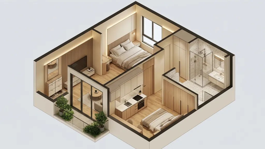 Không gian thiết kế bàn thờ chung cư trên mặt bằng 64m² – 93m² theo xu hướng Tối giản Ấm áp 2026 (Warm Minimalism) kết hợp đường cong bo góc mềm mại