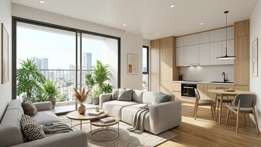 Không gian thiết kế căn hộ 30m2 có gác lửng trên mặt bằng 30m² theo xu hướng Quiet Luxury 2026 phối hợp đá nung kết khổ lớn, kính màu trà và đèn ray nam châm