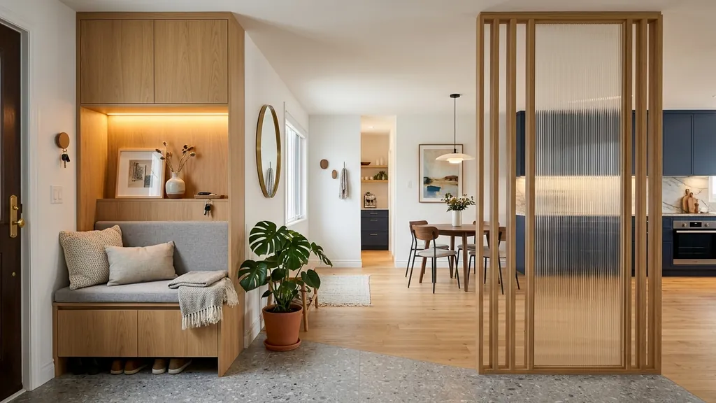 Không gian vách ngăn chung cư đẹp trên mặt bằng 55m² – 102m² theo xu hướng Quiet Luxury 2026 phối hợp đá nung kết khổ lớn, kính màu trà và đèn ray nam châm