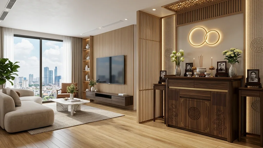 Bố cục mặt bằng và chi tiết nguyên tắc 3 màu sắc chủ đạo và giải phóng mặt sàn trong phong cách minimalism trong phương án thiết kế nội thất chung cư tối giản (Beige hữu cơ – Sơn hiệu ứng Microcement – Vải dệt Linen/Bouclé)