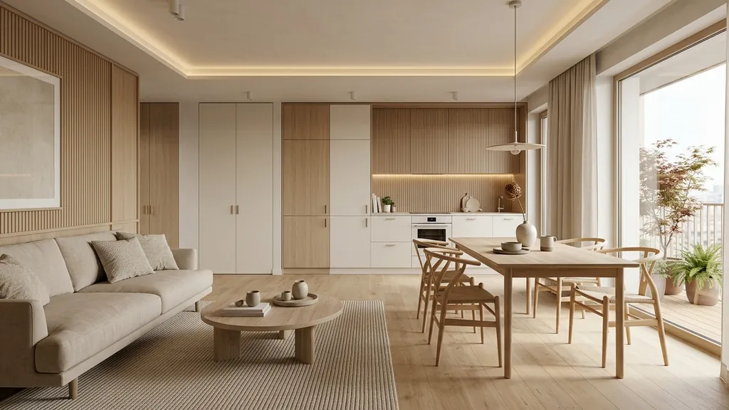 Phối hợp vật liệu gỗ chống ẩm và ánh sáng 3000K cho bí quyết giấu toàn bộ đồ đạc sinh hoạt sau hệ tủ phẳng không tay nắm tại Không Gian Việt