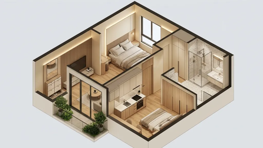 Không gian thiết kế nội thất chung cư tối giản trên mặt bằng 34m² – 48m² theo xu hướng Smart Compact Living 2026 tích hợp module nội thất đa năng và vách ngăn xuyên sáng