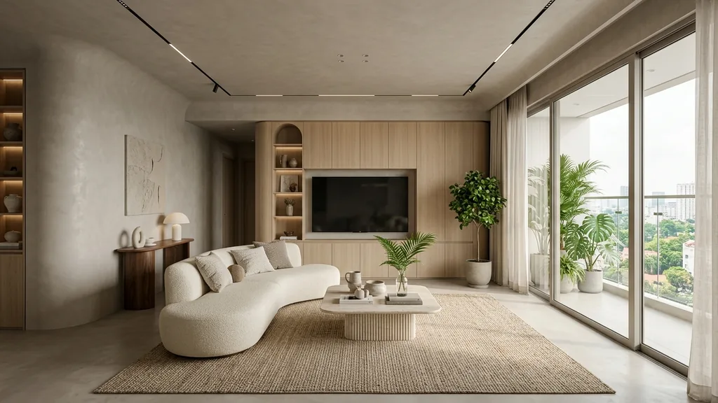 Không gian nguyên lý thiết kế chung cư trên mặt bằng 71m² – 102m² theo xu hướng Quiet Luxury 2026 phối hợp đá nung kết khổ lớn, kính màu trà và đèn ray nam châm
