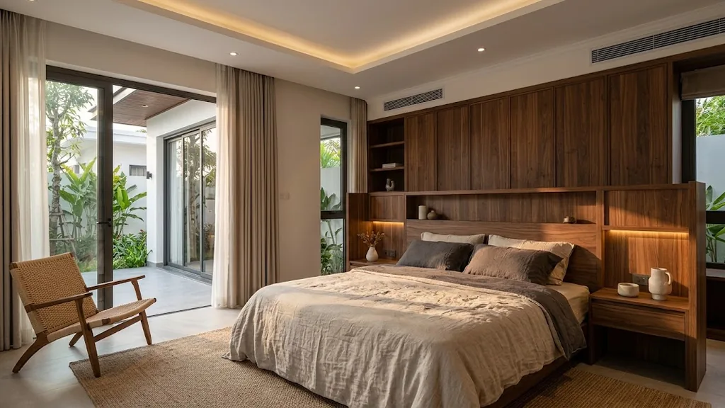 Phòng ngủ biệt thự với vách đầu giường gỗ