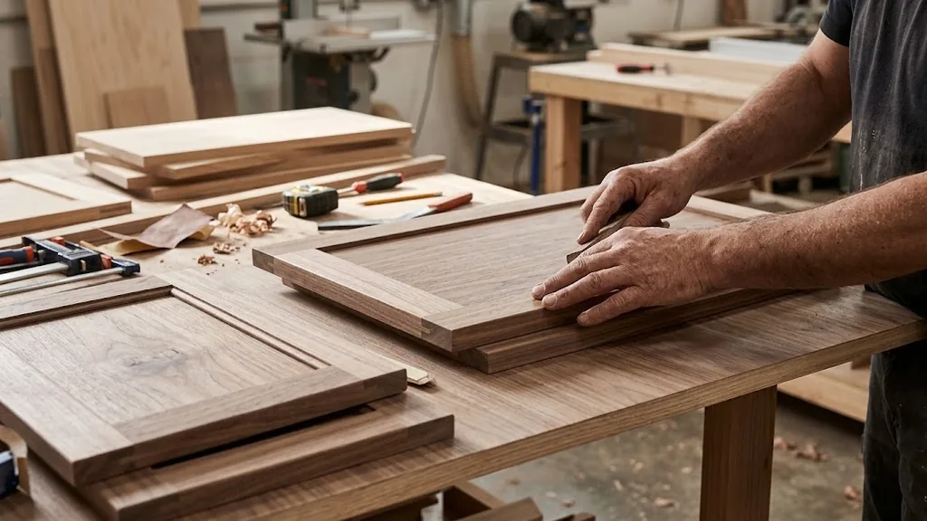 Minh họa kiểm tra cánh tủ và cạnh veneer trong xưởng
