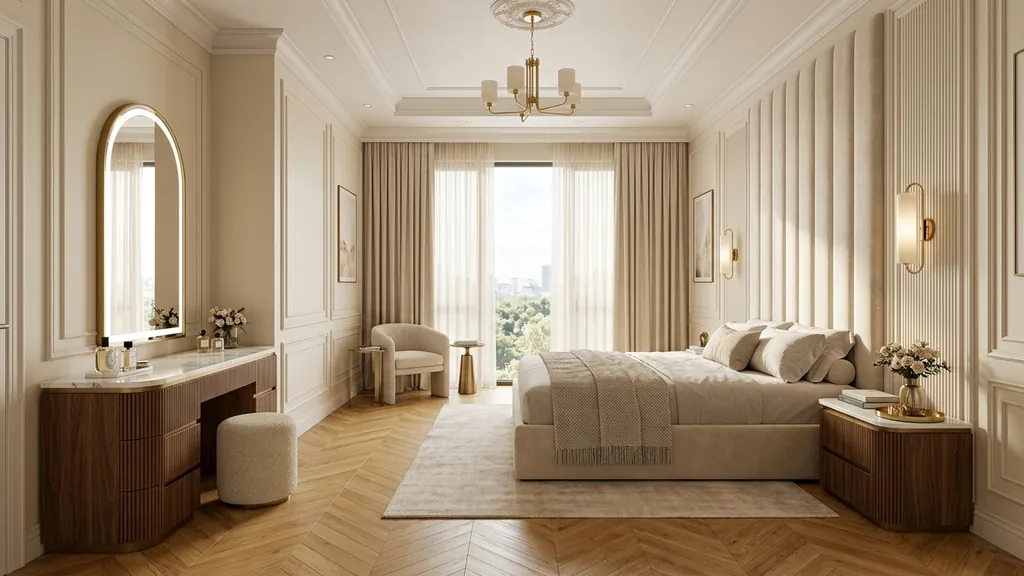 Không gian nội thất tân cổ điển chung cư trên mặt bằng 68m² – 94m² theo xu hướng Light Neo-Classic 2026 lược bỏ phào chỉ rườm rà, tập trung tỷ lệ mảng tường thanh lịch