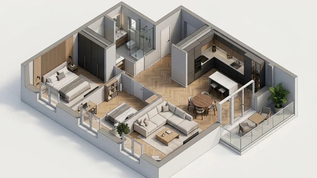Không gian quy trình thi công nội thất chung cư trên mặt bằng 66m² – 97m² theo xu hướng Tối giản Ấm áp 2026 (Warm Minimalism) kết hợp đường cong bo góc mềm mại