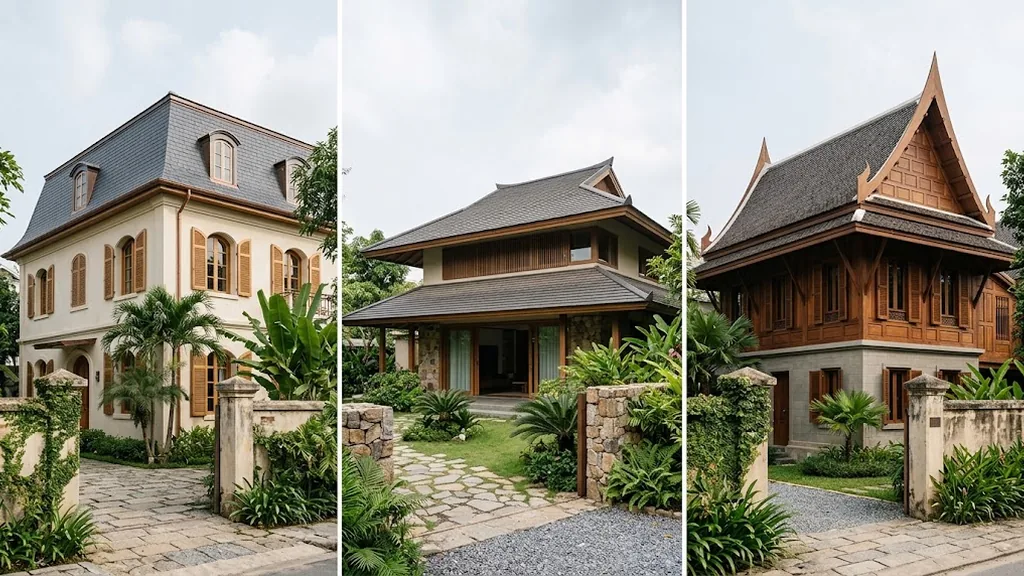 Minh họa so sánh mái Mansard, mái Nhật và mái Thái