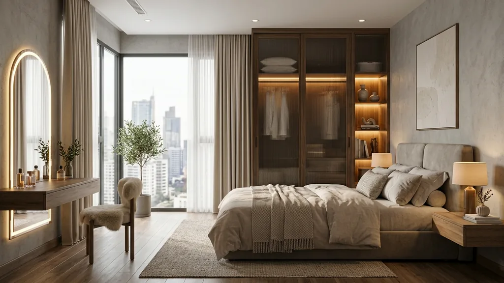 Bố cục mặt bằng và chi tiết tận dụng chiều cao trần căn hộ thực tế để bố trí hệ gác lửng kiên cố trong phương án chung cư có gác lửng (Vàng kem nhiệt đới – Gỗ tự nhiên sẫm màu – Mây đan mắt cáo đương đại)