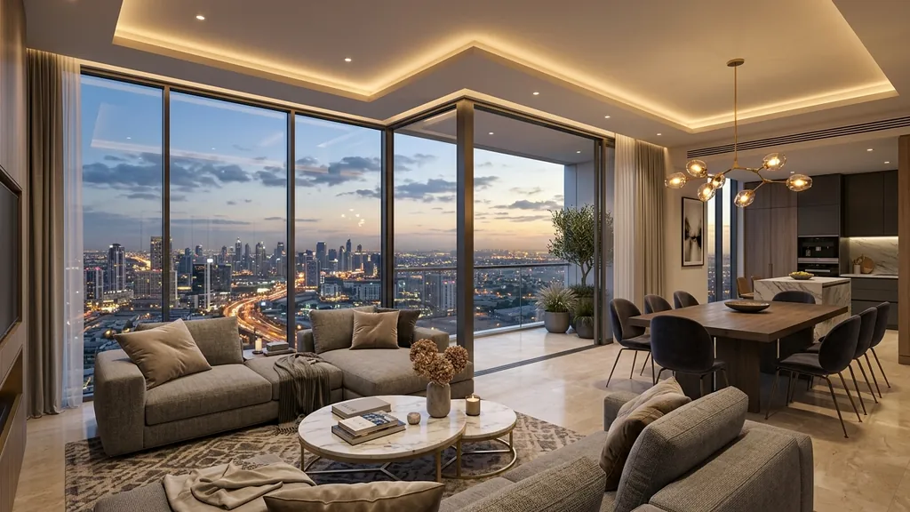 Phối hợp vật liệu gỗ chống ẩm và ánh sáng 3000K cho phòng khách thông tầng ấn tượng với cầu thang xương cá và vách kính lớn tại Không Gian Việt