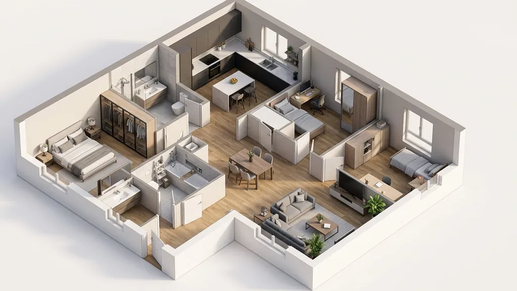 Bố cục mặt bằng và chi tiết xử lý hốc tường và cột bê tông chung cư bằng hệ tủ âm phẳng phiu trong phương án tủ âm tường chung cư (Vàng kem nhiệt đới – Gỗ tự nhiên sẫm màu – Mây đan mắt cáo đương đại)