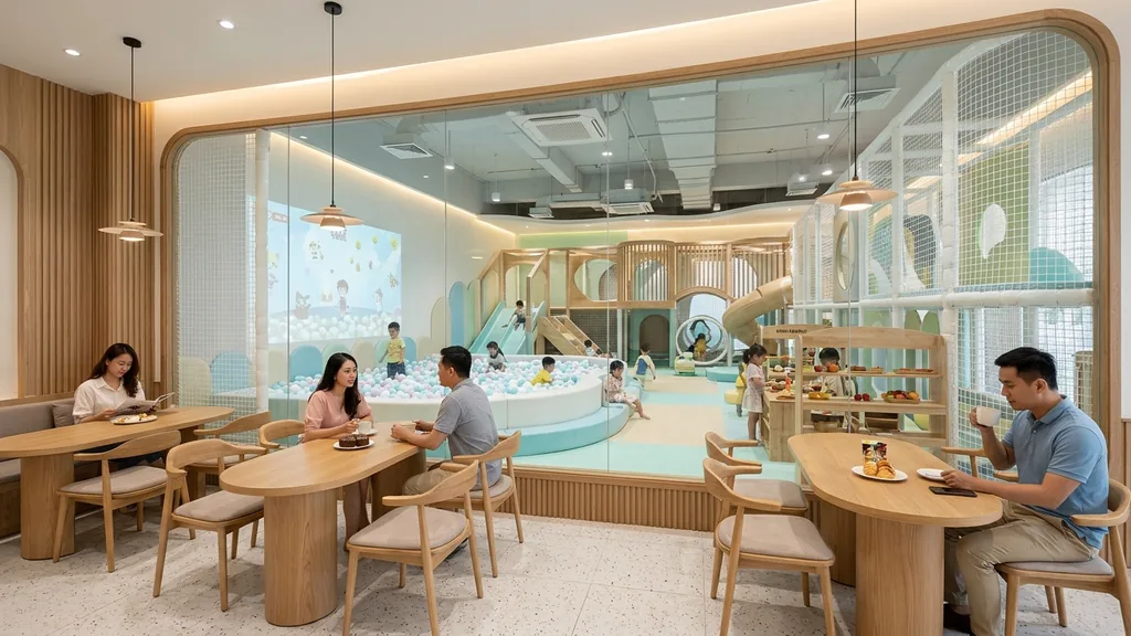 Thiết kế mô hình Kids Cafe kết hợp khu vui chơi cho bé với tầm nhìn 360 độ cho phụ huynh quan sát an toàn