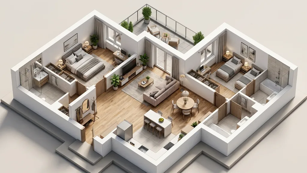 Không gian thiết kế logia chung cư trên mặt bằng 57m² – 104m² theo xu hướng Tropical Modern 2026 tối ưu thông gió tự nhiên từ Logia và mảng xanh ban công